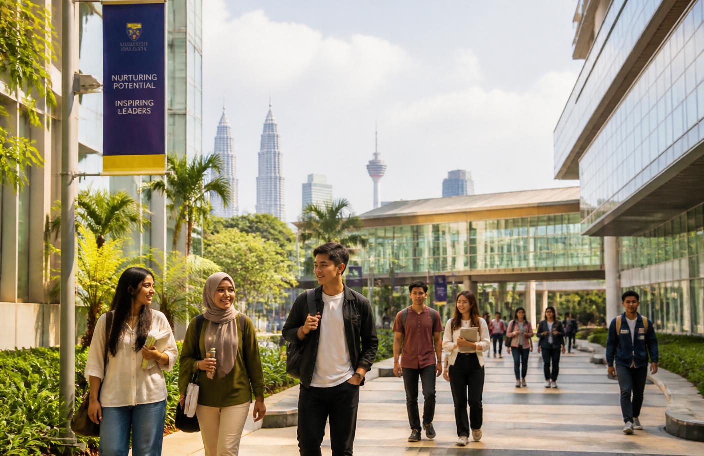 International students walking through a modern Malaysian university campus with the Kuala Lumpur skyline behind