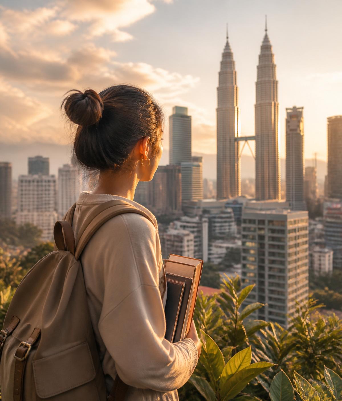 International student with books looking towards the Kuala Lumpur skyline and Petronas Twin Towers